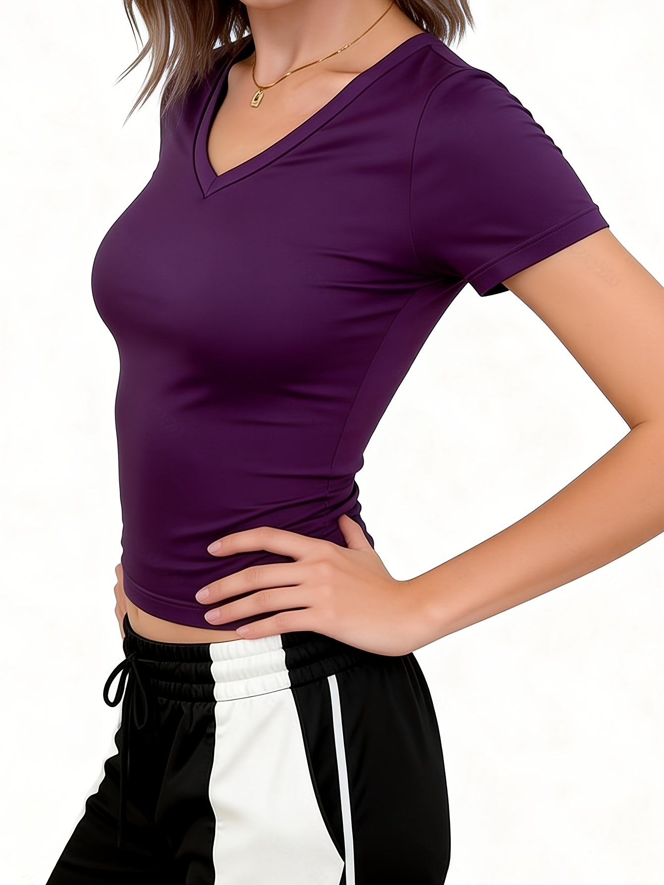 womens summer v neck fitted casual solid color short sleeve cropped loungewear top details 1
