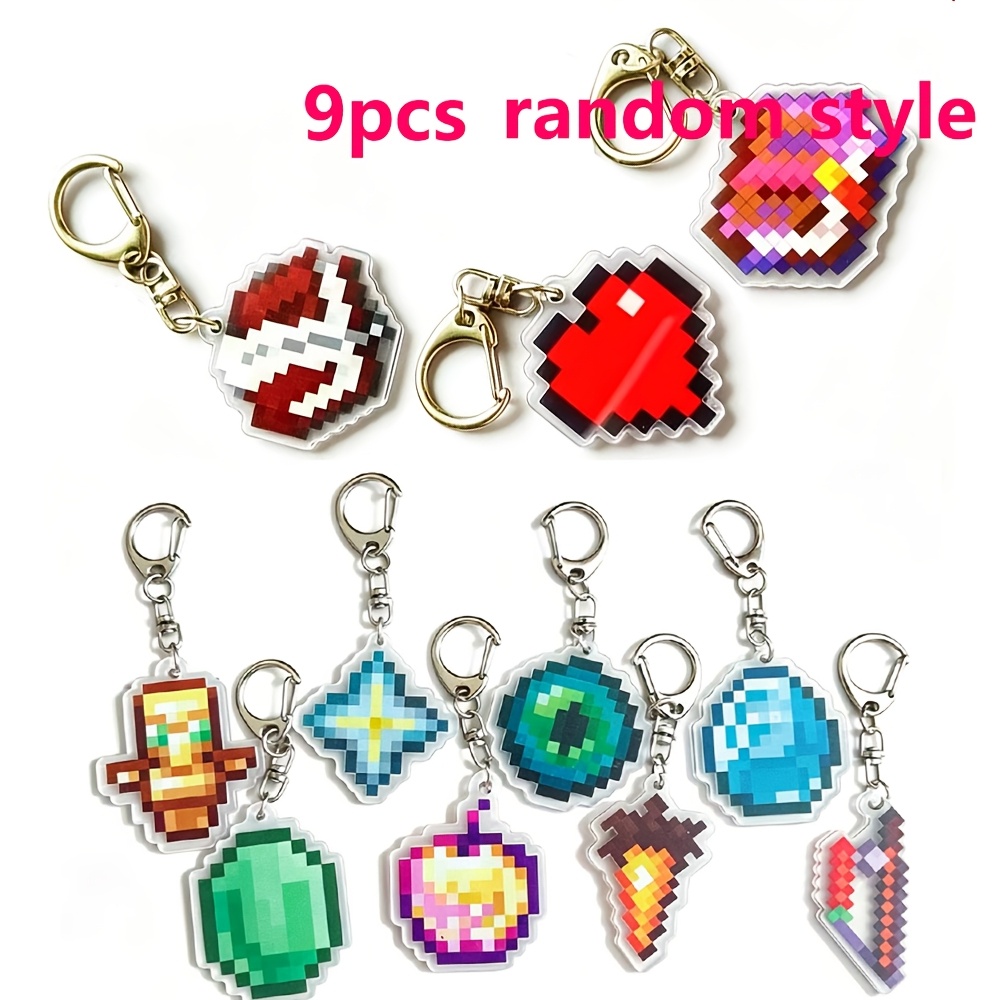 TEMU 2d Flat - Random 9pcs Styles, 2d Flat, Pixel Style Keychain Pendant, Creative Game Peripheral Acrylic Backpack Charm, Pixel Book Keychain,