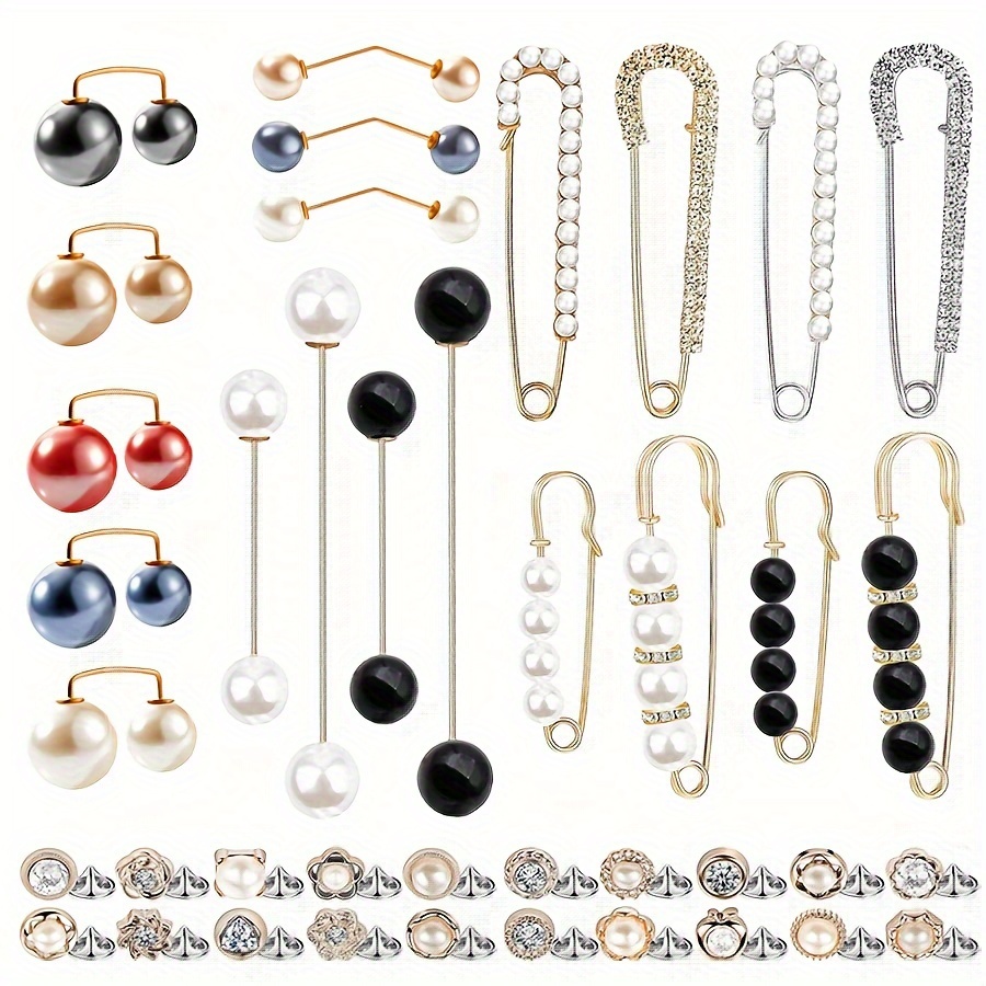 TEMU 41pcs Pearl Brooch, Sweater Shawl Hat Clip Lapel Pin, Double Pearl Brooch For Women, Girls, Fashion Smock Buttons, Clothing Dress Decoration Accessories, Pants Waist Cincher Safety Pins