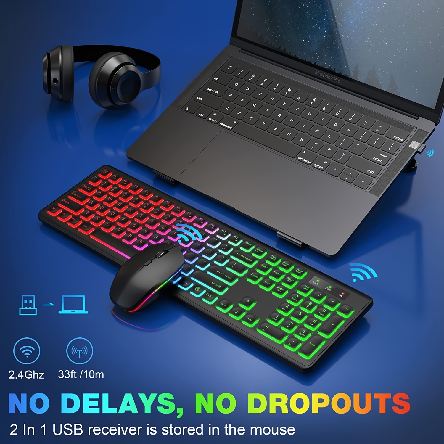 Wireless Keyboard and Mouse Combo RGB Backlit Compatible for Mac/Windows - Rechargeable Quiet Ergonomic Tilt Keyboard & High-DPI Mouse, Plug & Play,, Compatible with PC/Laptop (No Receiver Sold Separately)