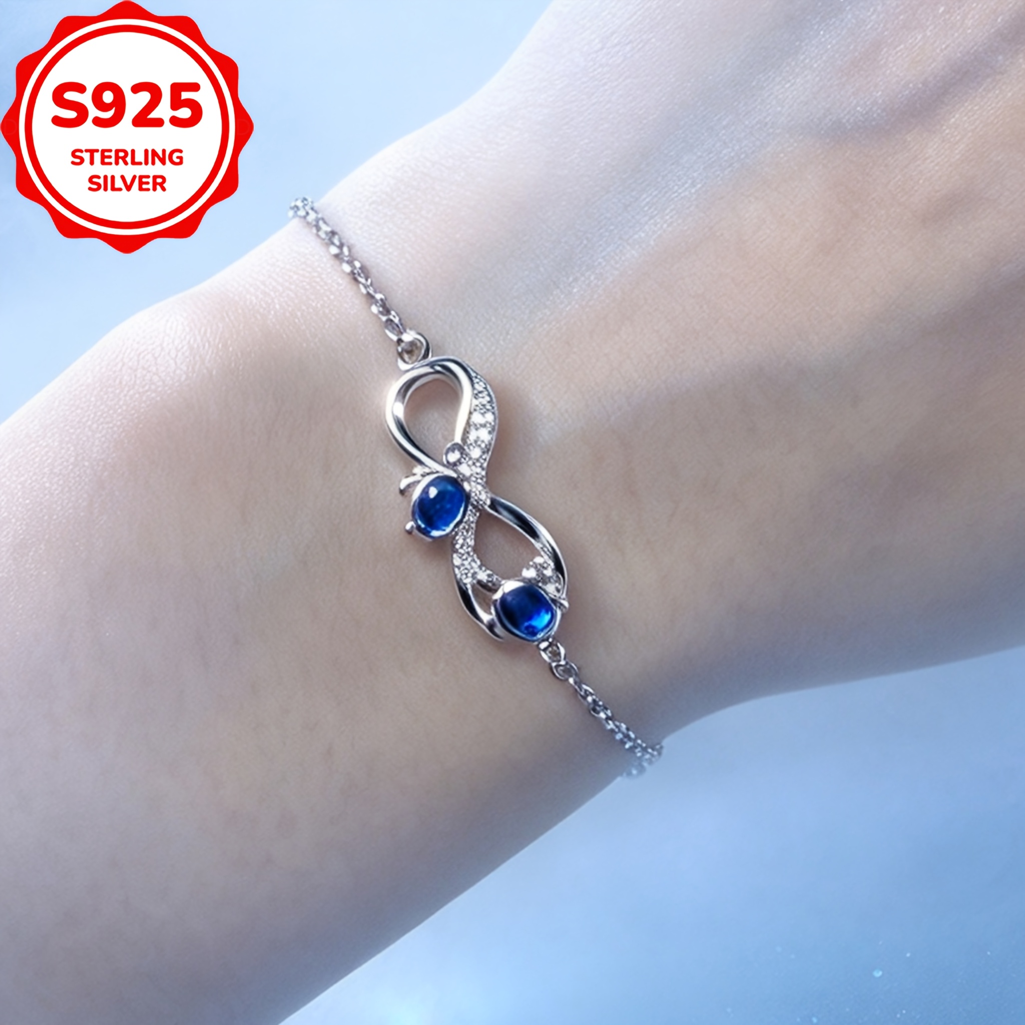 S925 Silver Infinity Symbol Blue Zirconia Bracelet, Adjustable