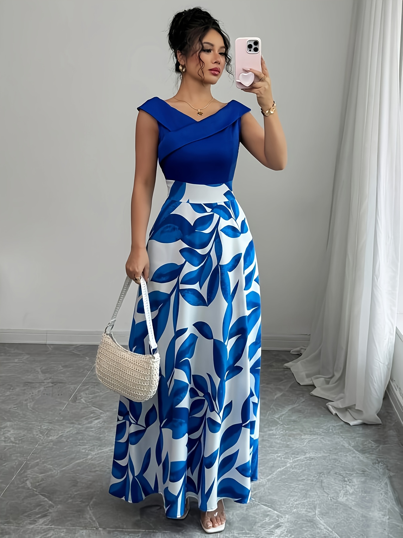 vestido de fato estampado   com decote em v e comprimento  , estilo casual de férias para mulheres 0