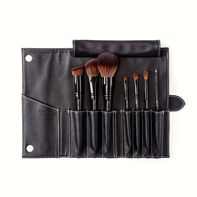 TEMU 7pcs Professional Makeup Brush Set With Bag - Includes Foundation, Eyelash, Eyebrow & Eyeshadow Brushes - Goat Hair Bristles, Metal Handle -
