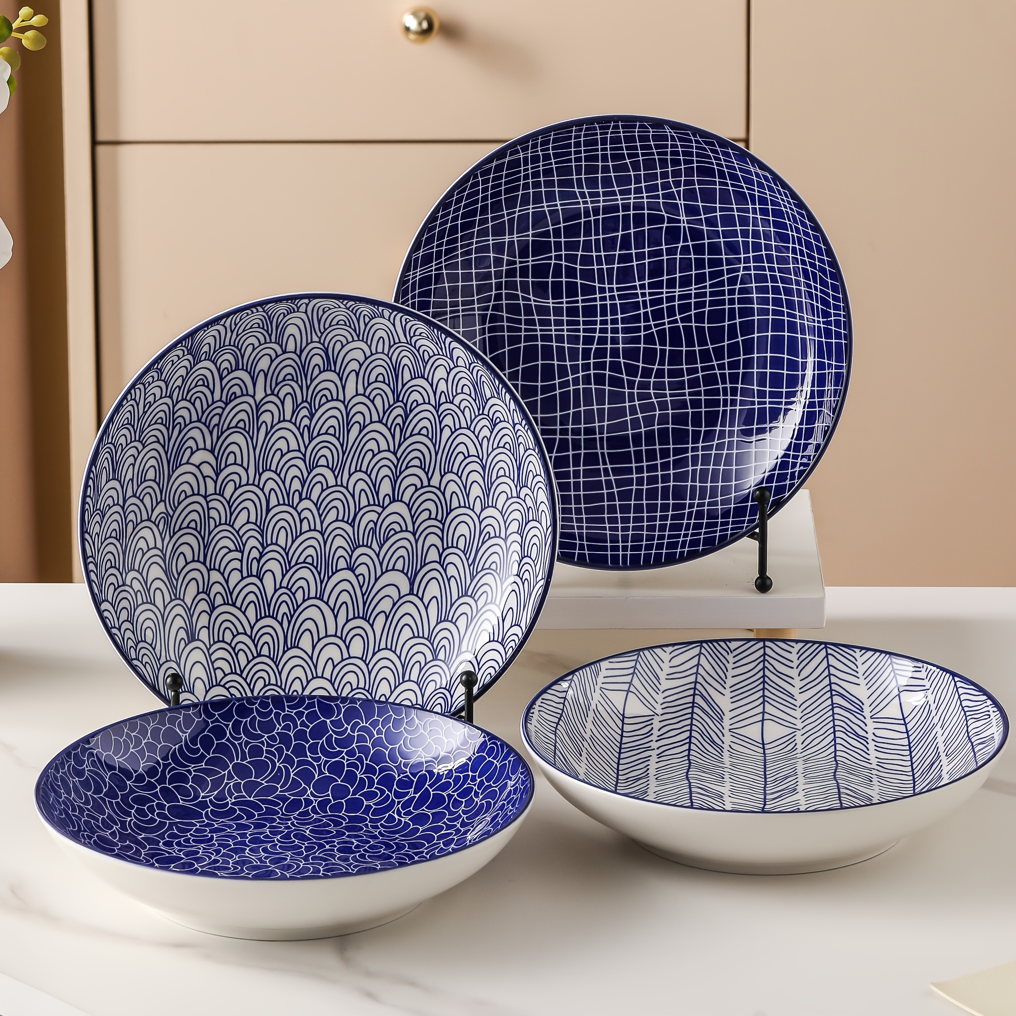 

4pcs Hand-painted - Japanese Inspired Ceramic Soup Plates With Floral, Wave, And Geometric Designs For Elegant Dining