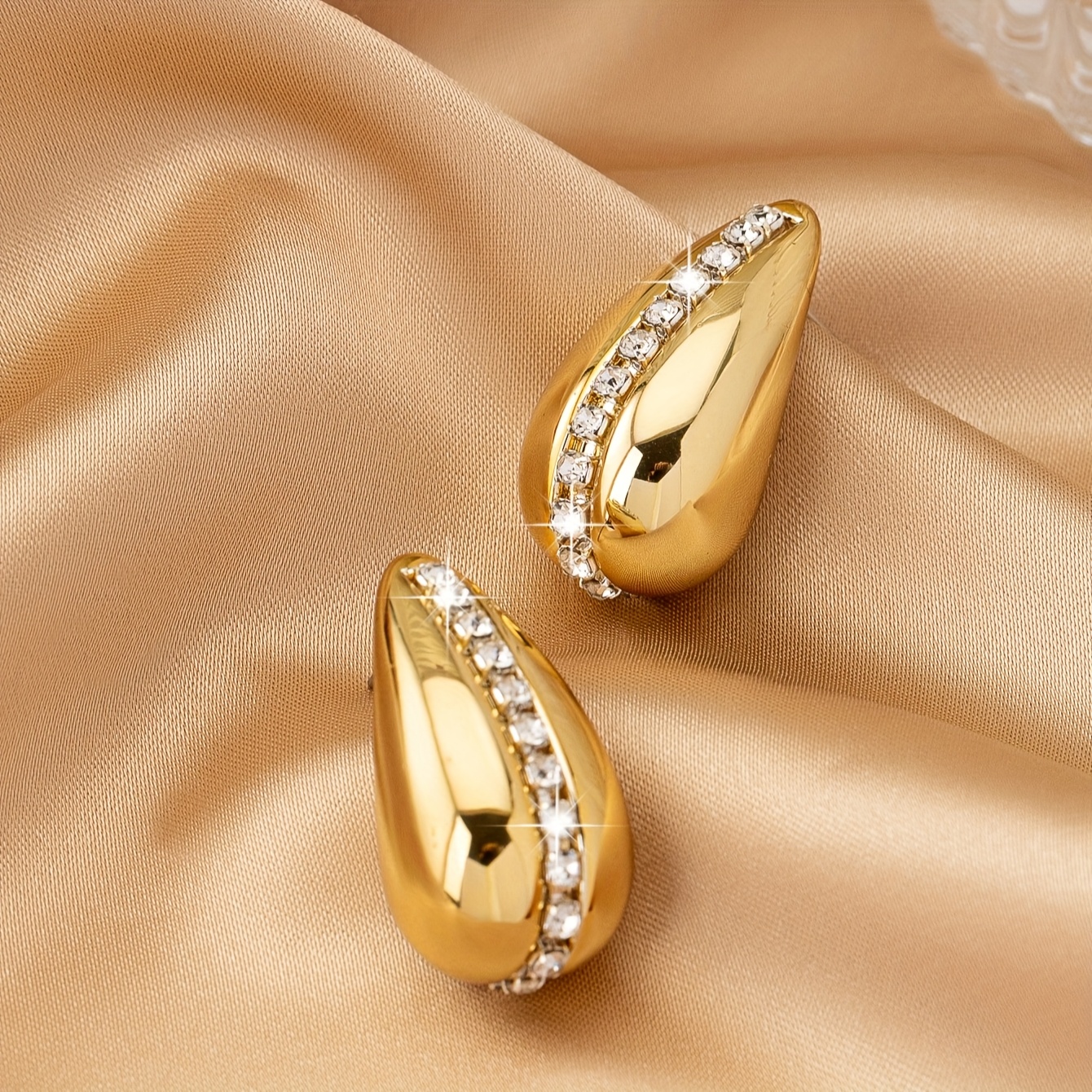 Teardrop Earrings Golden Tone Sparkling Gemstones