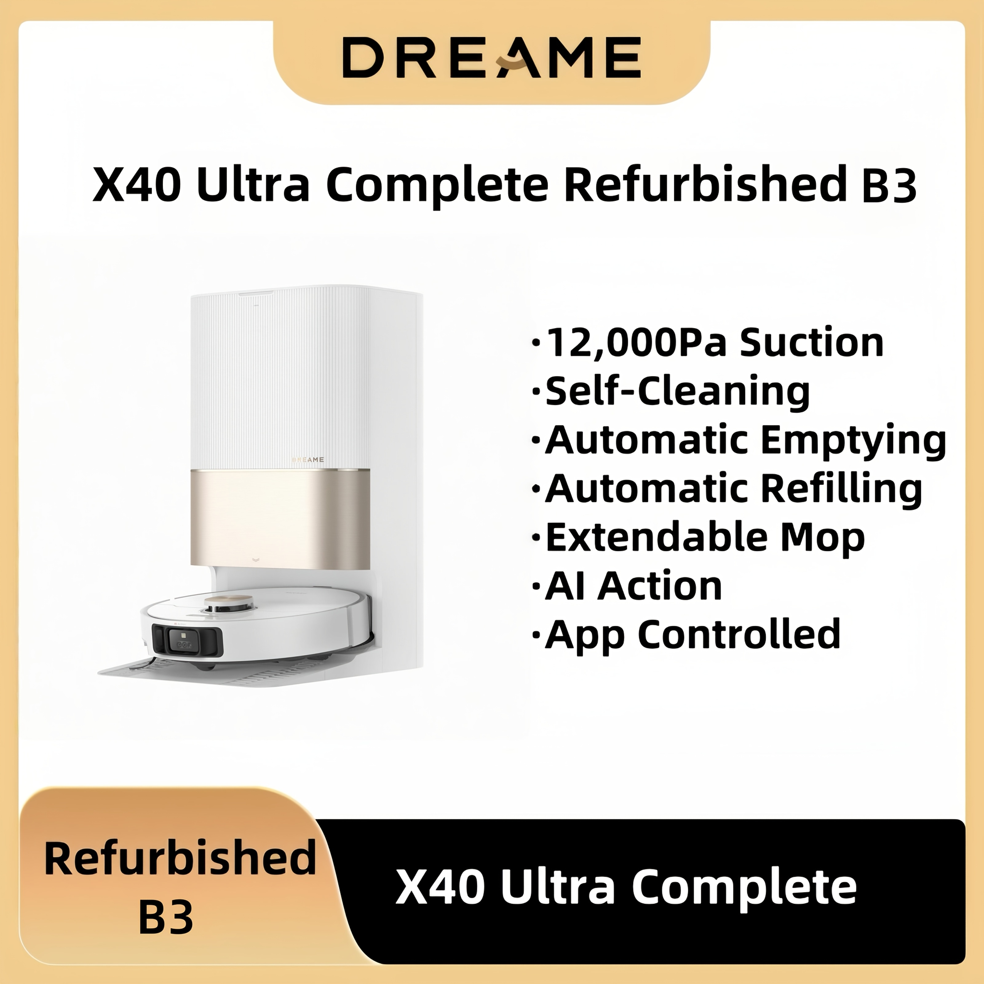 E-shop DREAME X40 Ultra Refurbished B3 Saugroboter mit herausnehmbarem und hebbarem Mopp, 12.000 Pa Saugkraft, Seitenbürste für umfassende Reinigung,