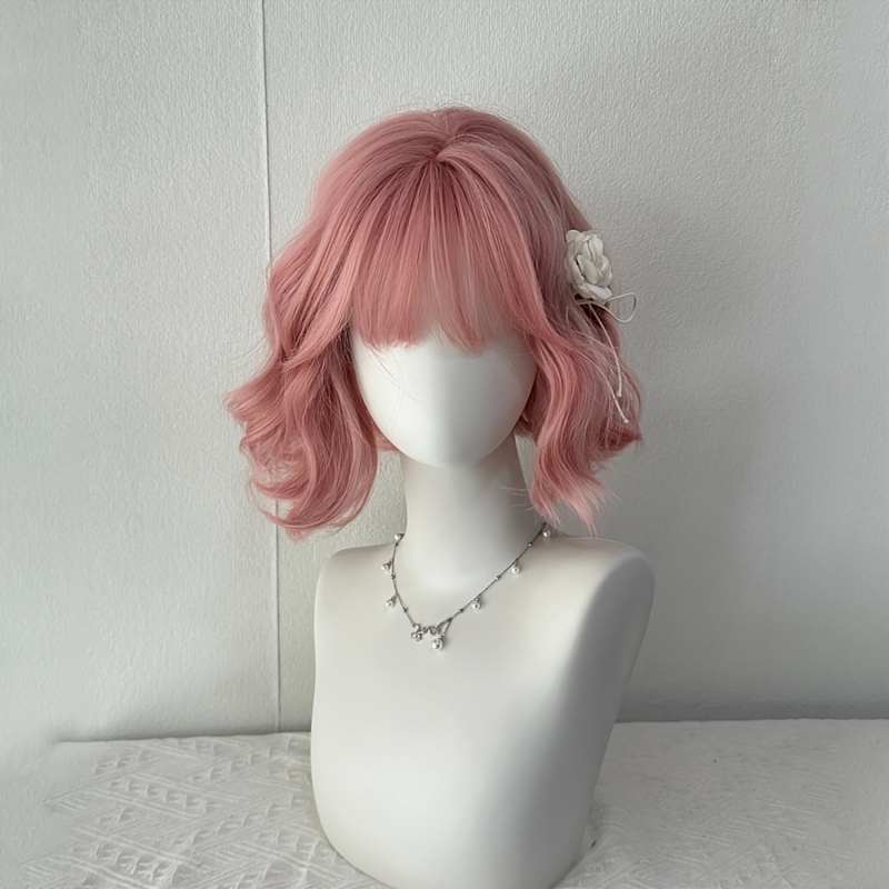 

Sassy Short Pink Wig With Bangs For Women – 8-inch Viscose Wavy Hair, Heat Resistant, Cap, Fashionable , Sweet Versatile Wig