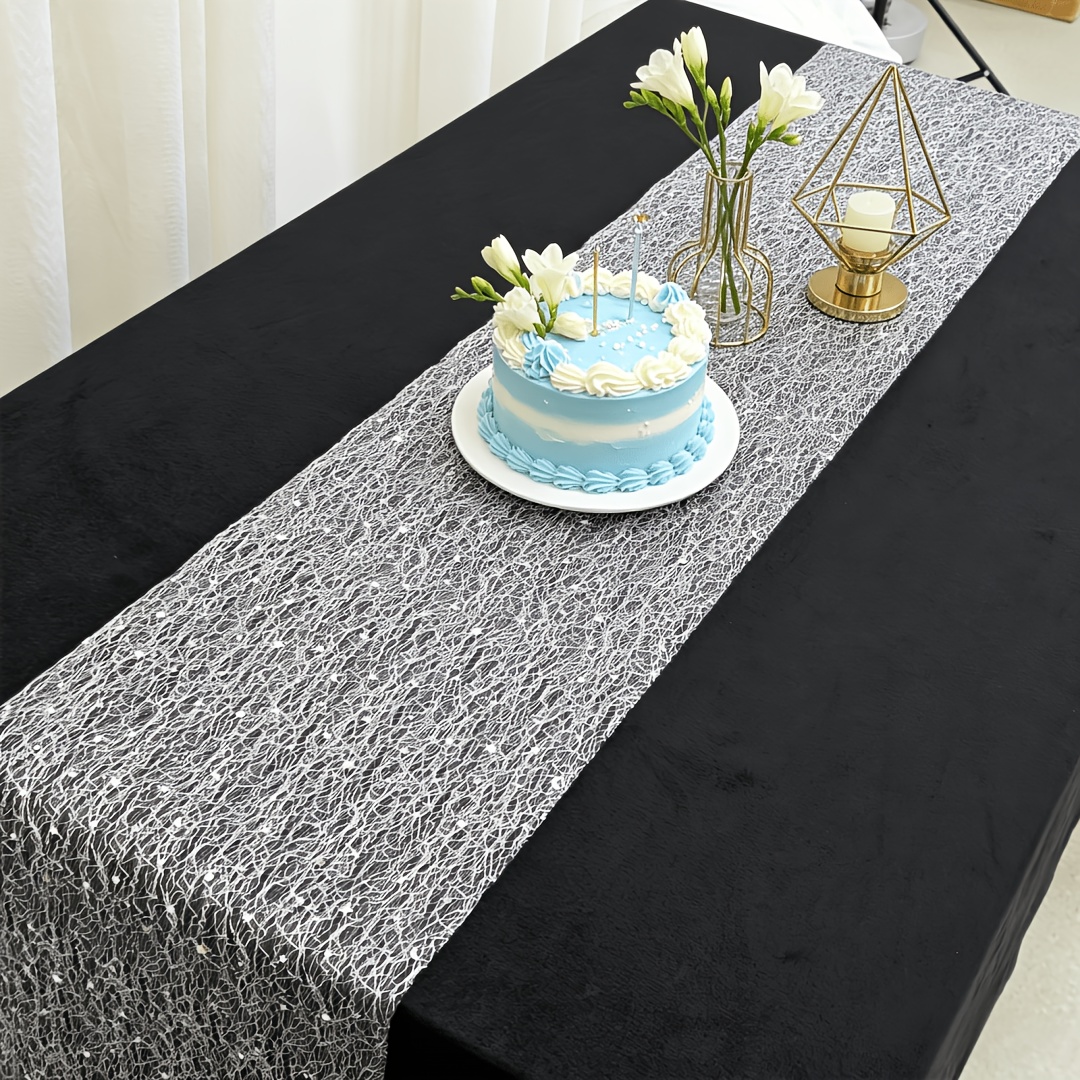 TEMU 1pc Table Runner, Mesh Star And Moon Silvery, Simple, Stylish, Wear-resistant, Durable; Table Decoration For Weddings, Birthday Parties,