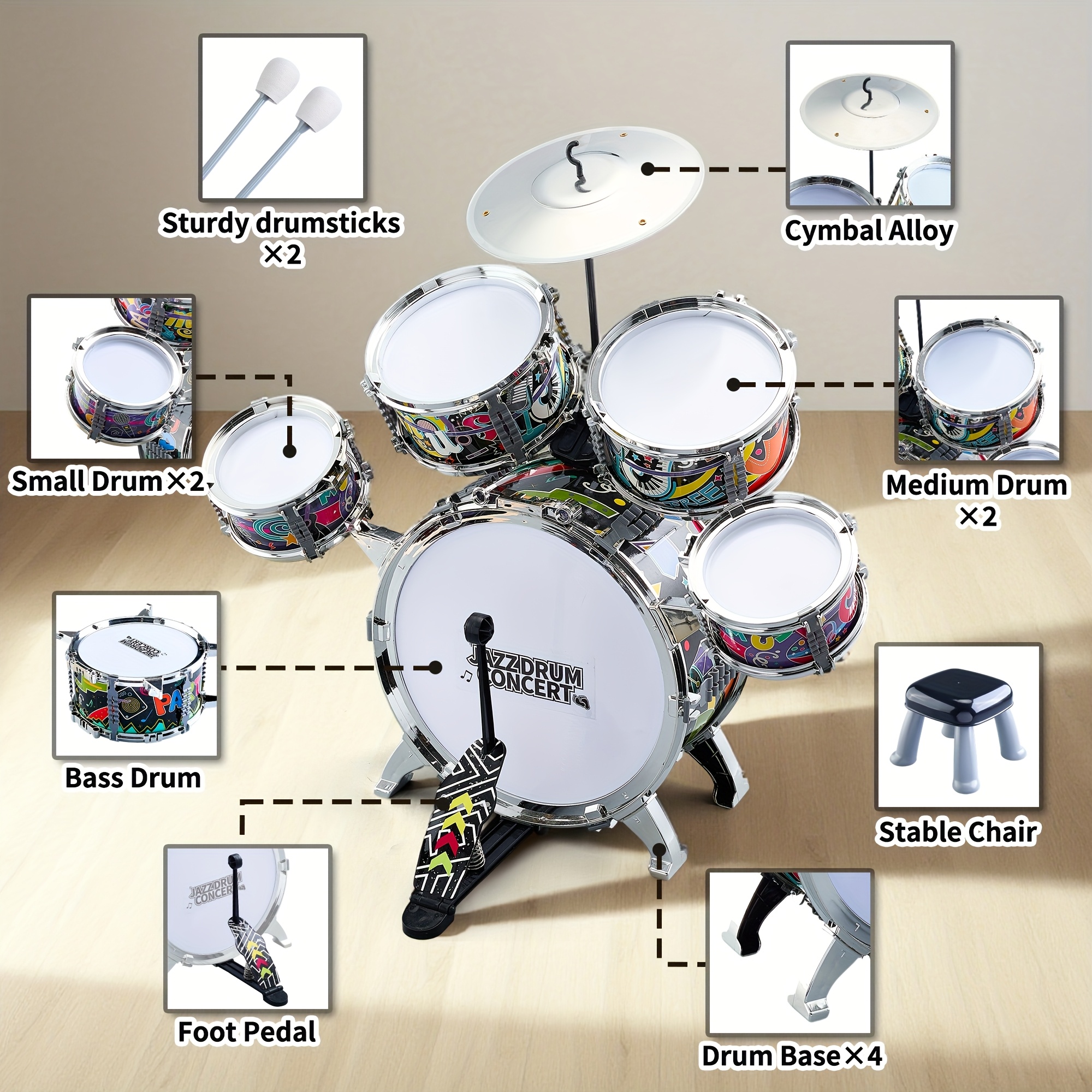 Kids Jazz Drum Set Rock Kit Toys, 5pcs Kids Band Musical Instrument,Percussion Beginner Kit for Boys Girls Aged 3-5 5-7.