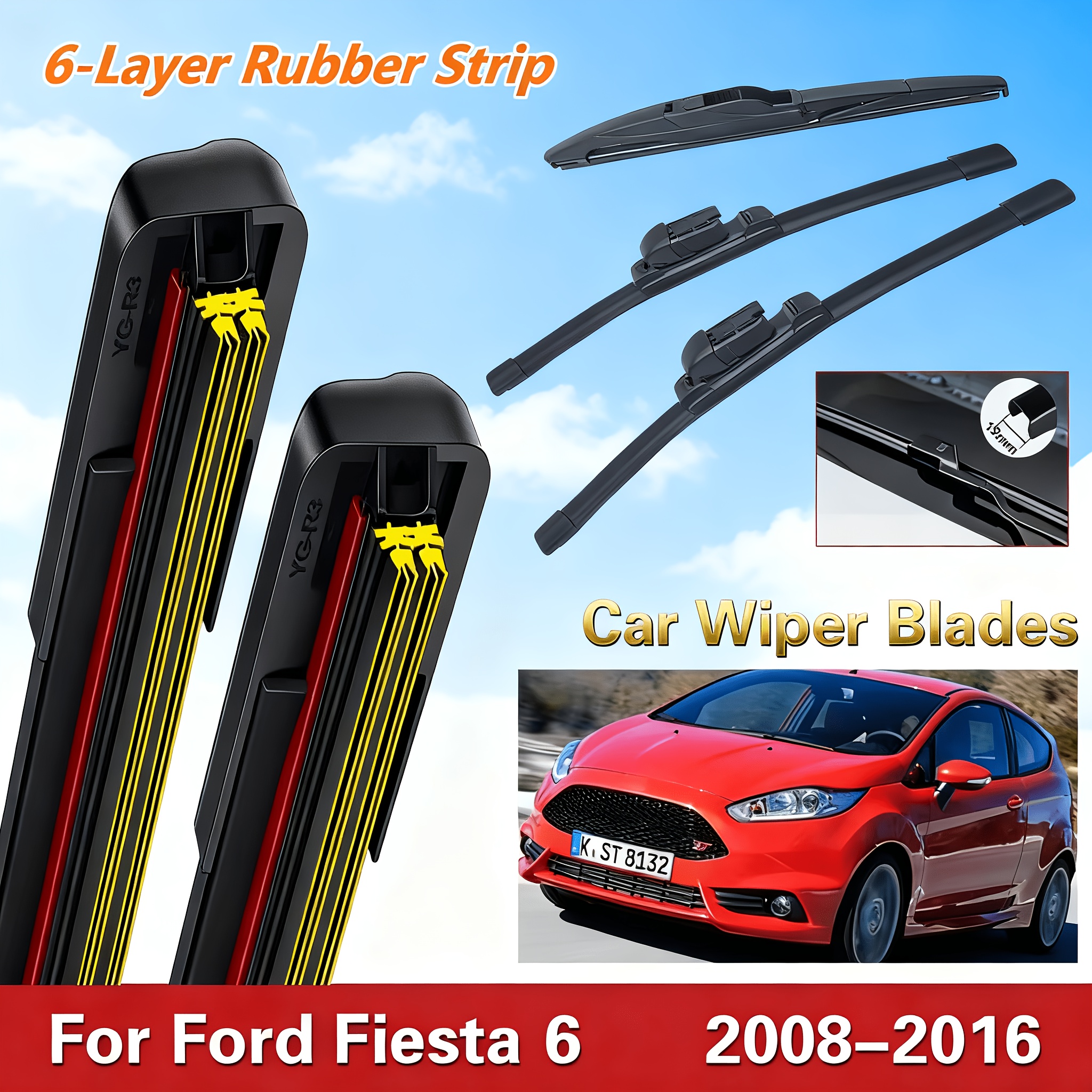 TEMU Set di tergicristalli anteriore e posteriore per Ford 6 2008-2016, spazzole per parabrezza, striscia in gomma a 6 , tergicristallo multifunzione