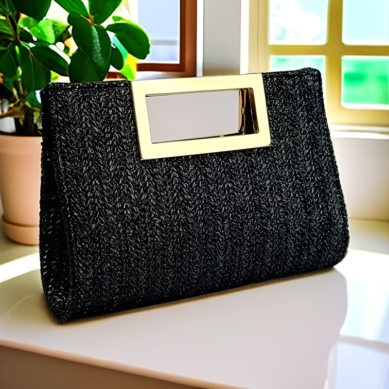 TEMU Pochette Tissée Élégante à Rayures - Poignée en Métal avec Bandoulière Chaîne Amovible, Sac de Plage Polyvalent. Convient pour les Fêtes,
