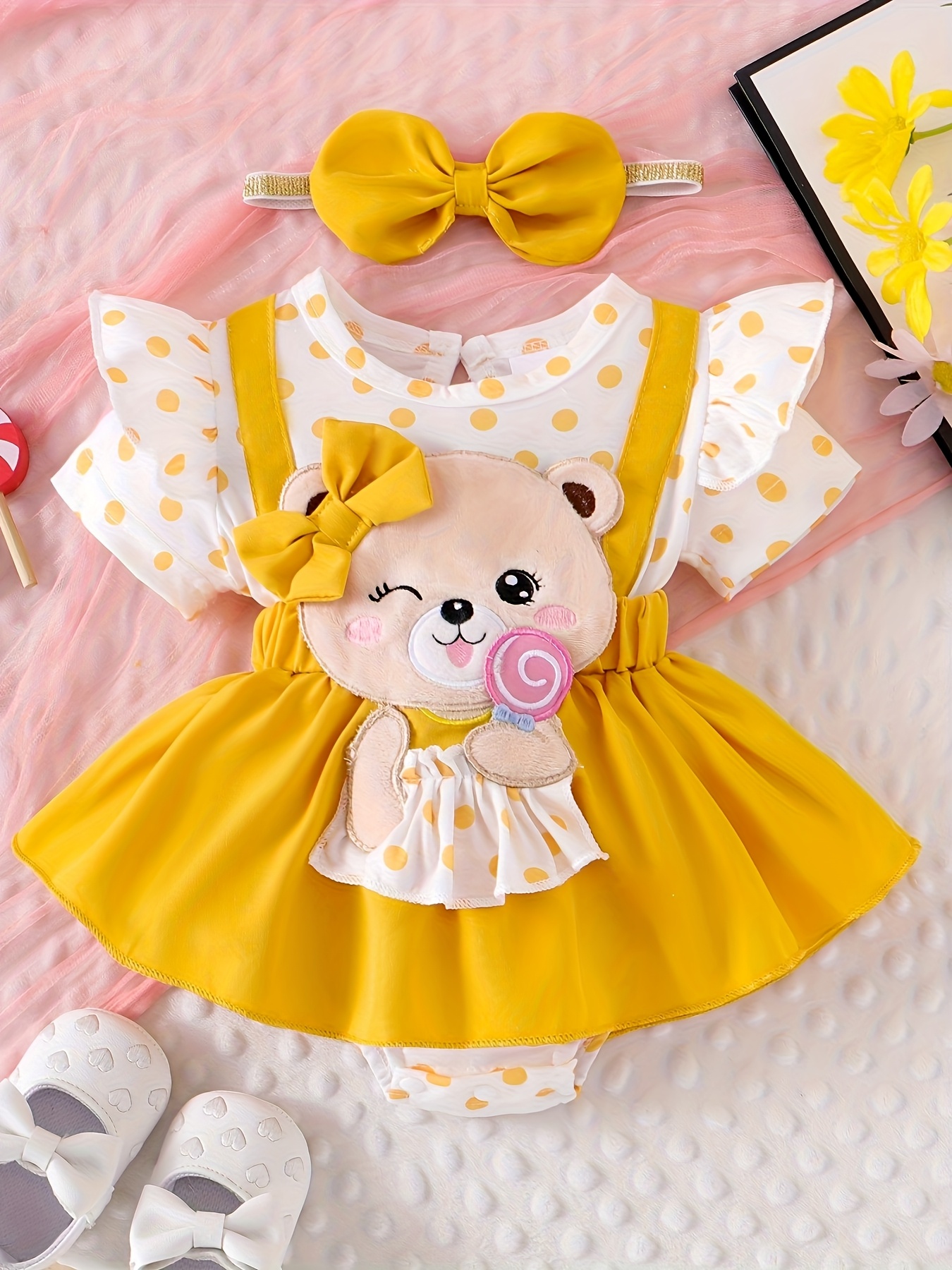 baby girl's adorable bear embroidery polka dot romper soft Temu