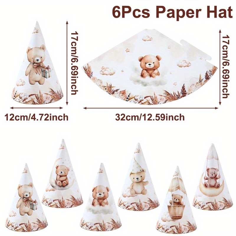 Image of 6pcs, Bear Birthday Hat, Bear Theme Party Decoration Hats, 1st Birthday Party Decoration Paper Hats, Happy Birthday Party Supplies, Event Party Decoration, Baby Shower Party Decor, Party Favors