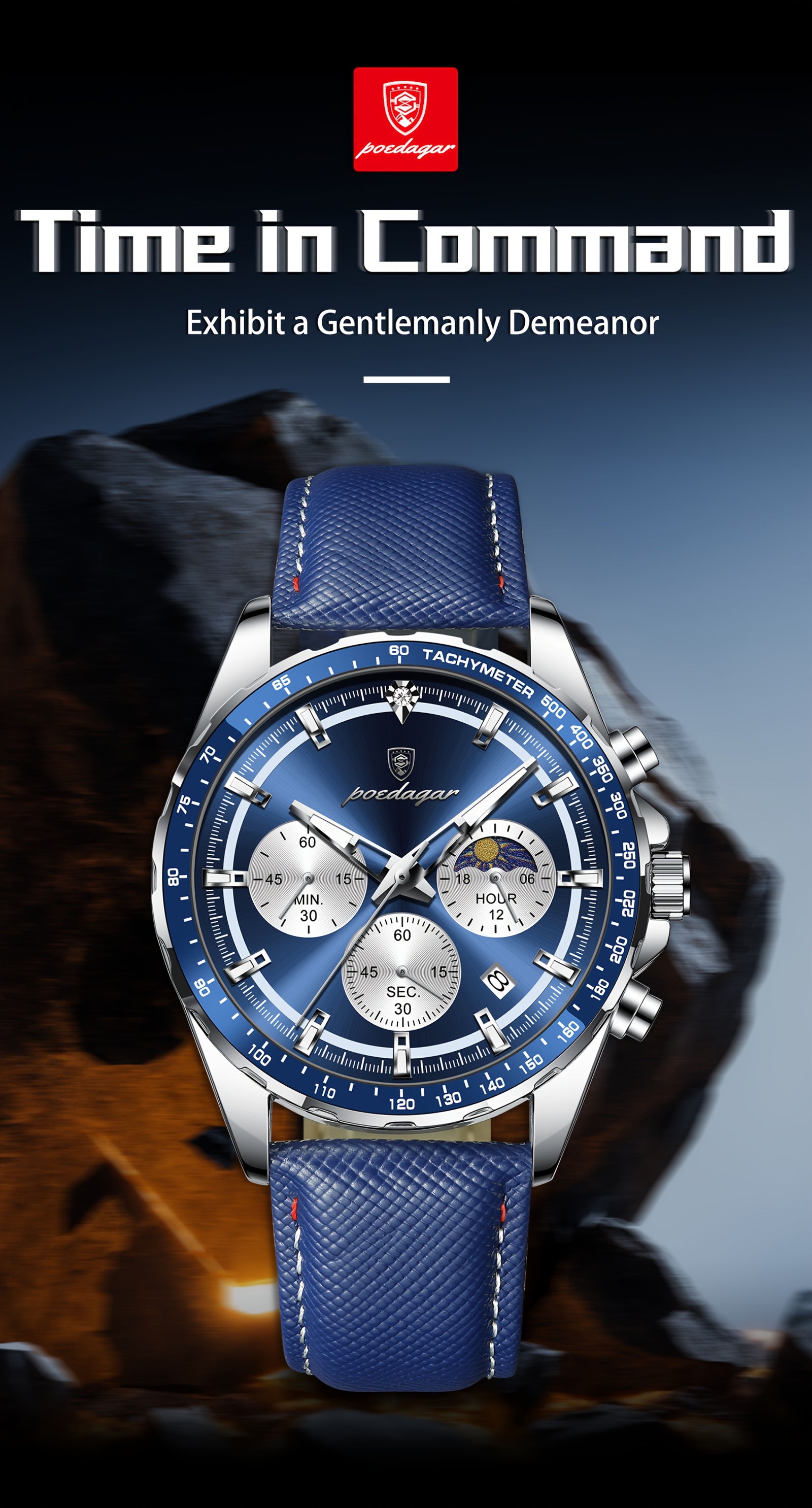 Luxury Leather Waterproof Men'S Watch | Casual Style, Color, 3ATM Water Resistance, Quartz Movement, Non-rechargeable Battery, POEDAGAR Brand