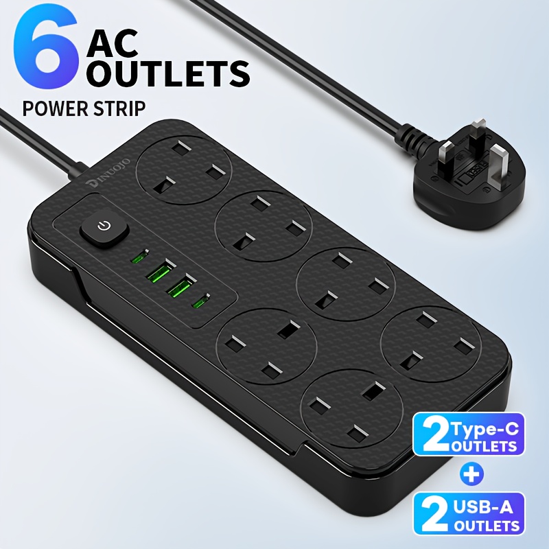 TEMU 1pc 10-in-1 Power Strip/power Outlet/extension Cord, 2m Extension Cord Power Strip, 6 Ac Outlets, 2 Usb + 2 Type-c, Suitable For Home, Office,