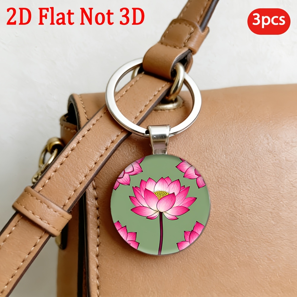 Pink Lotus Patterned Round Key Holder Keychain, 3pcs