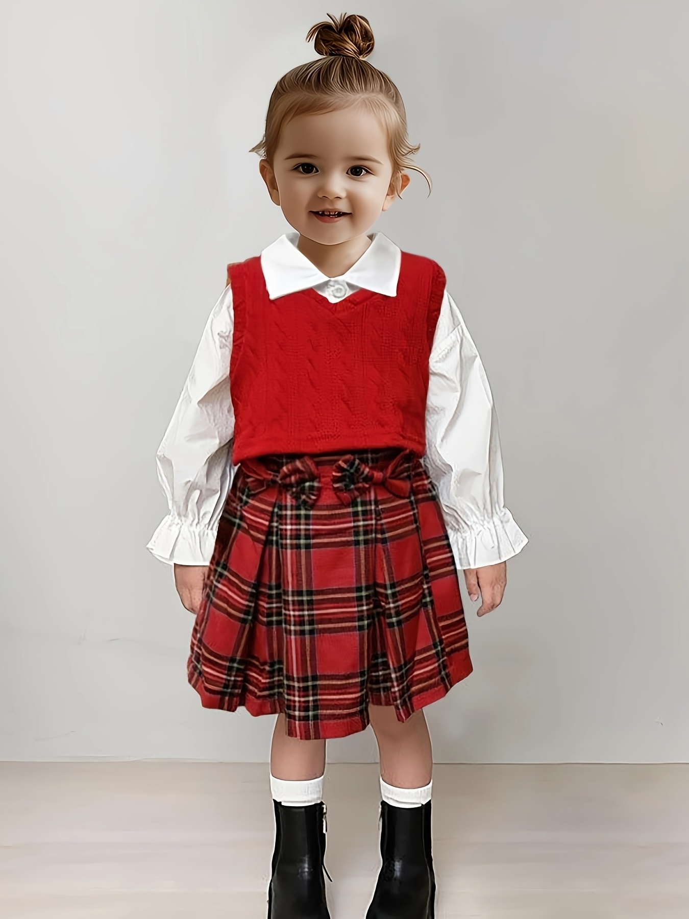 otoño e invierno meses para ropa de niña, conjunto de falda, camisa  falda plisada chaleco, conjunto de piezas, chaleco de e