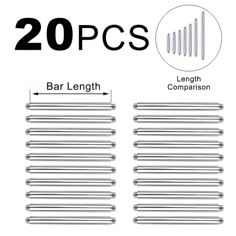 TEMU 20pcs 316l Stainless Steel Straight Body Piercing Replacement Barbell Additions Tongue Ear Helix Piercing Jewelry -14/16 Gauge 4-42mm