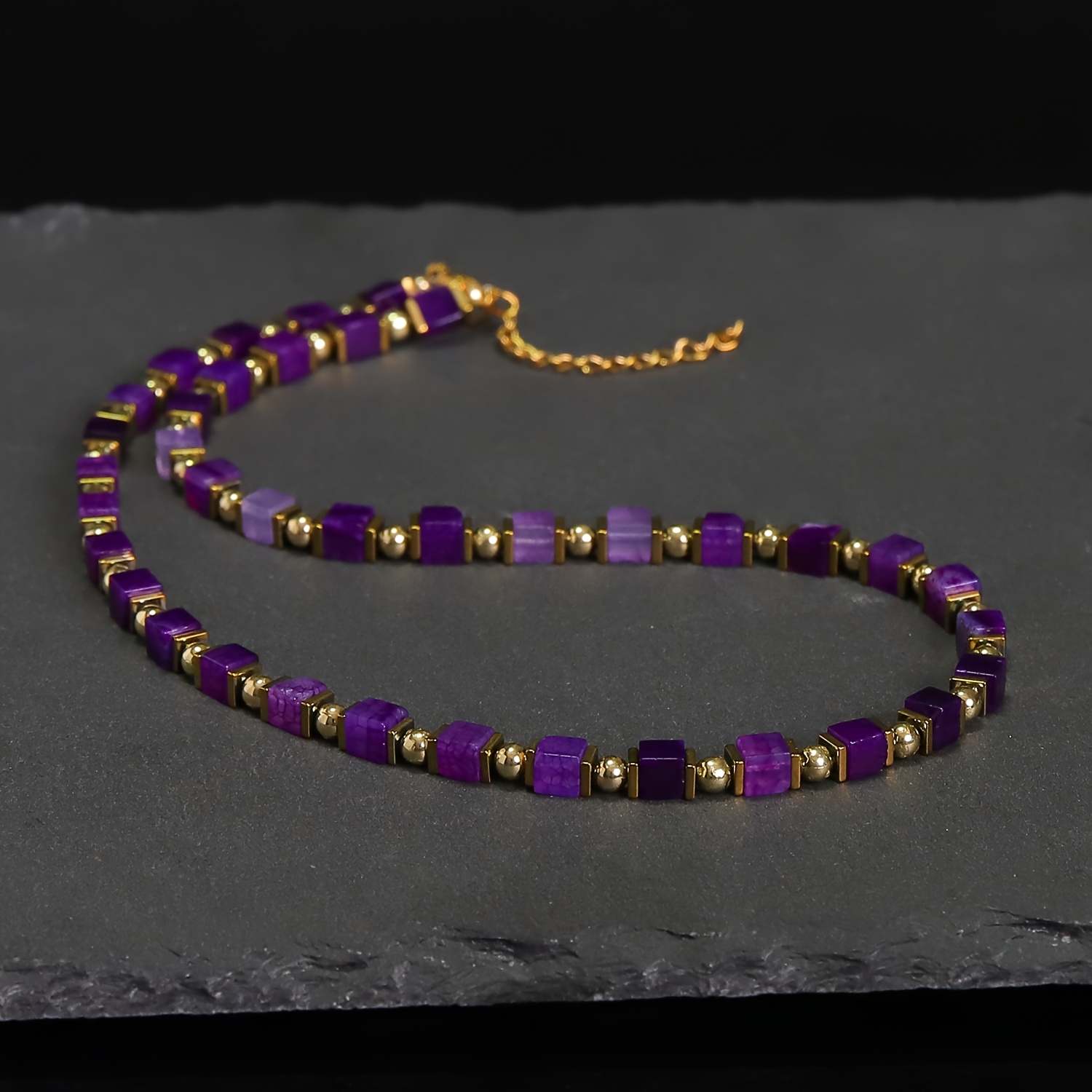 Hand-Strung Square Agate Beaded Necklace with Golden-Tone Accents