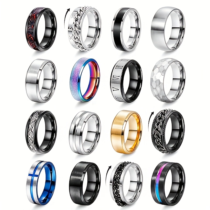 TEMU 16pcs 201 201 Stainless Steel Men's Ring Wedding Promise Ring Rotating Ring Birthday Gift