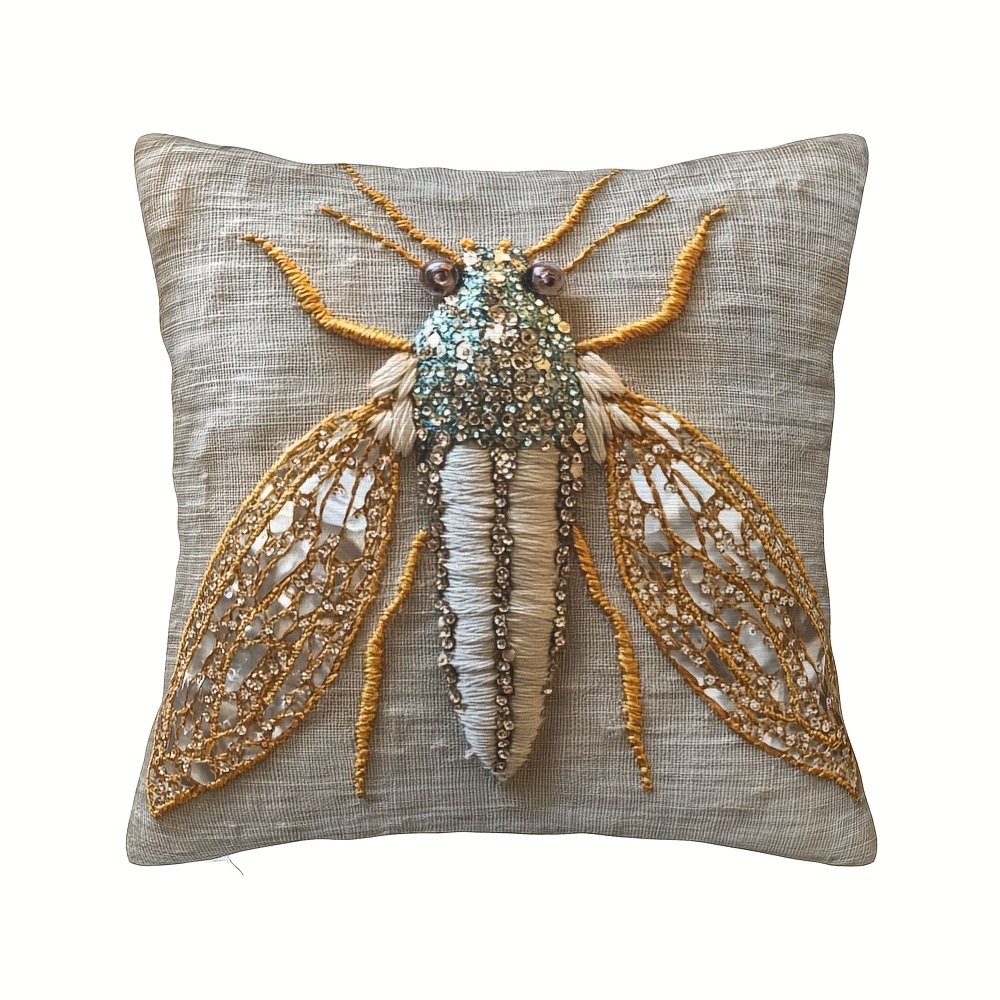 

1pc Throw Pillow Covers 18x18in, Golden Winged Insect With Textured Design Pillowcase, Decor Cushion Short Plush Soft Couch Throw Pillows For Office, Home, Bedroom, Living Room