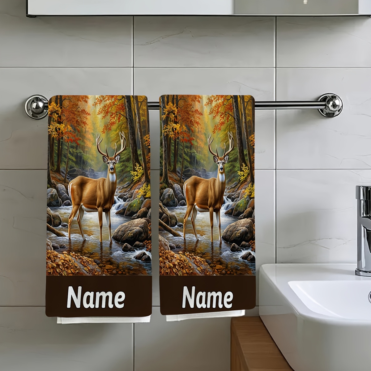 TEMU 2pcs, A Deer Standing In A River Surrounded By At Sunset, Travel , Customizable Text Towel, Name Customization Towel, Cartoon Anime Towel,