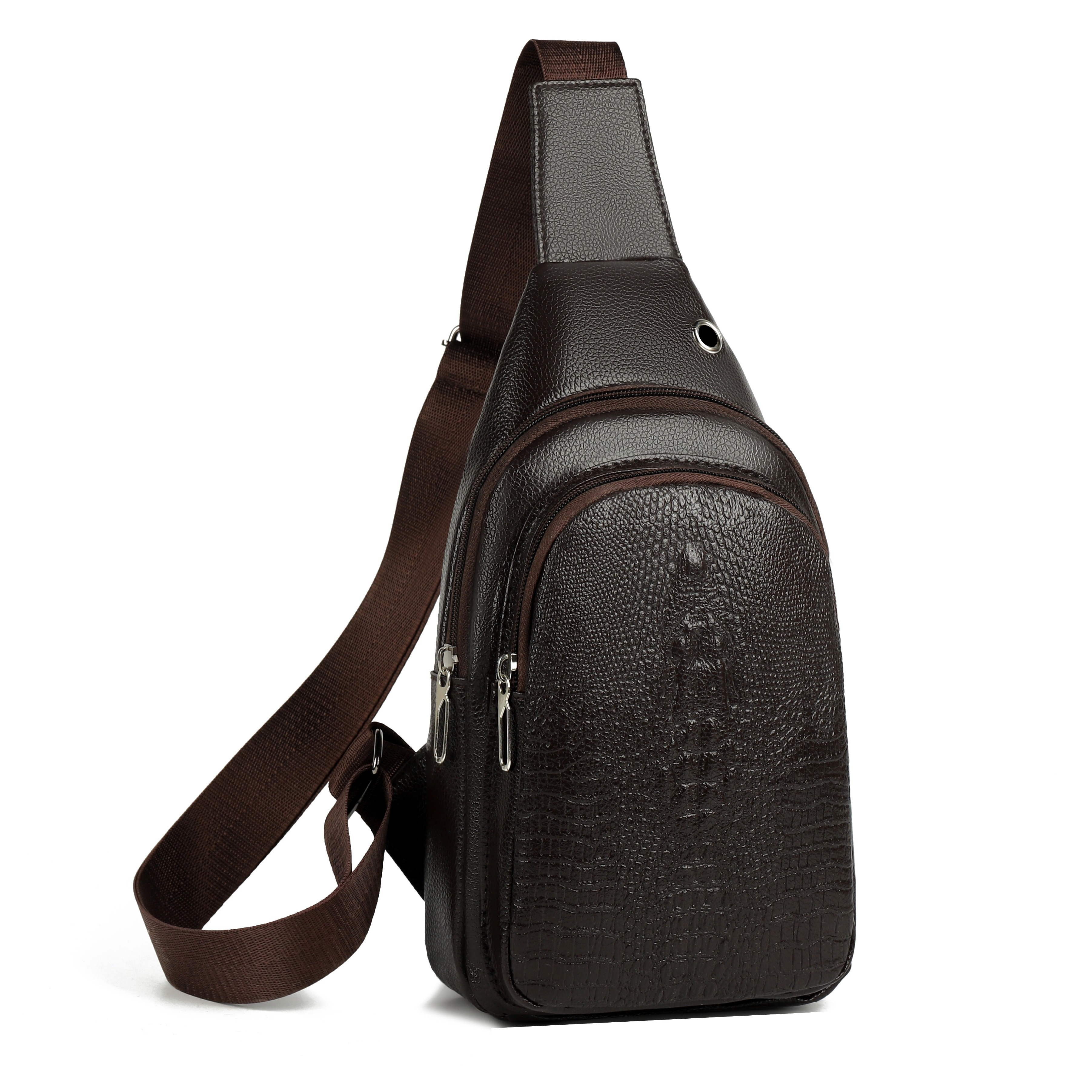Image of Men's Stylish Black Pu Leather Sling Bag - Large Capacity Lightweight Crossbody Chest Pack With & External Earphone Hole For Casual , Crossbody Bag