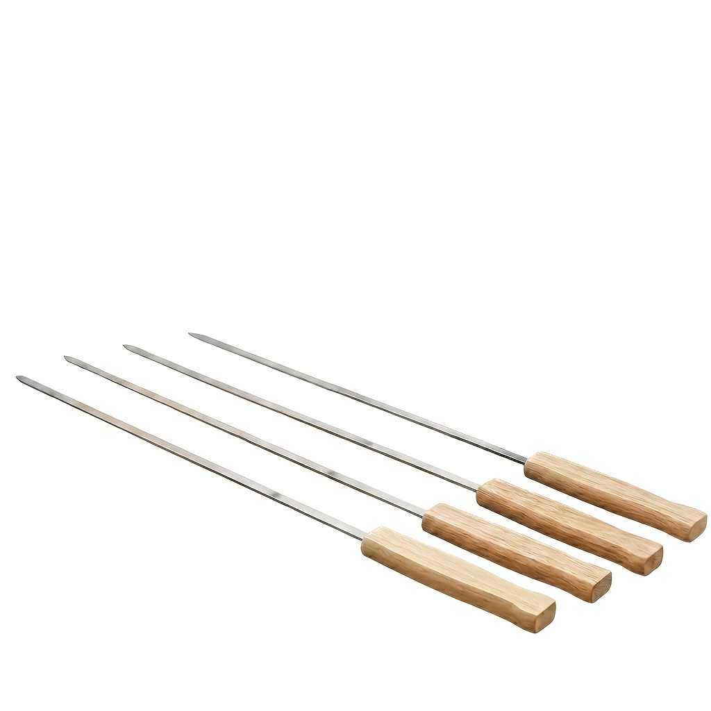 TEMU 4pcs Of Style Stainless Steel Barbecue Skewer Set, Multi-functional Metal Skewers With Rubber Wood Handles, Fine Barbecue Skewers Perfect For