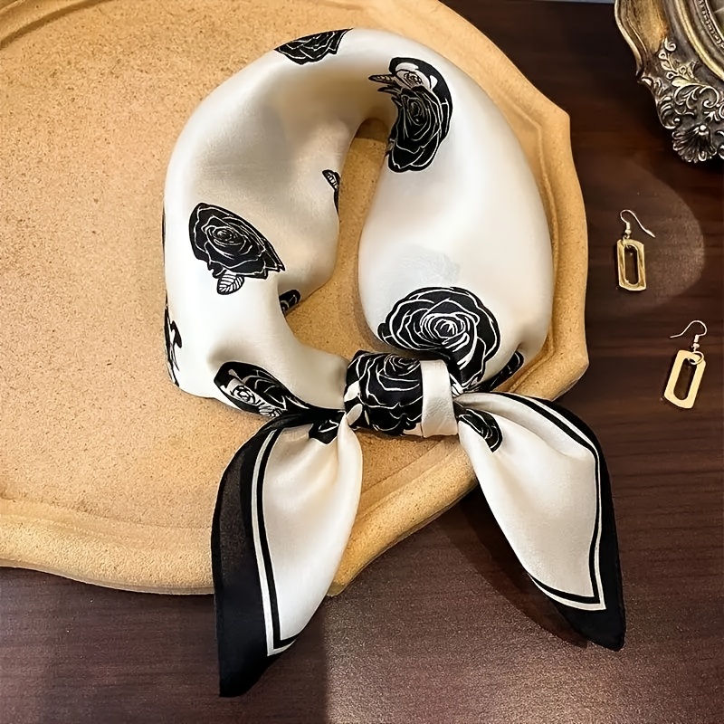 TEMU Black Rose Print Satin Small Square Scarf Y Glossy Base Neckerchief Multi- Tie Bag Ribbon For Women Office Daily Outfit