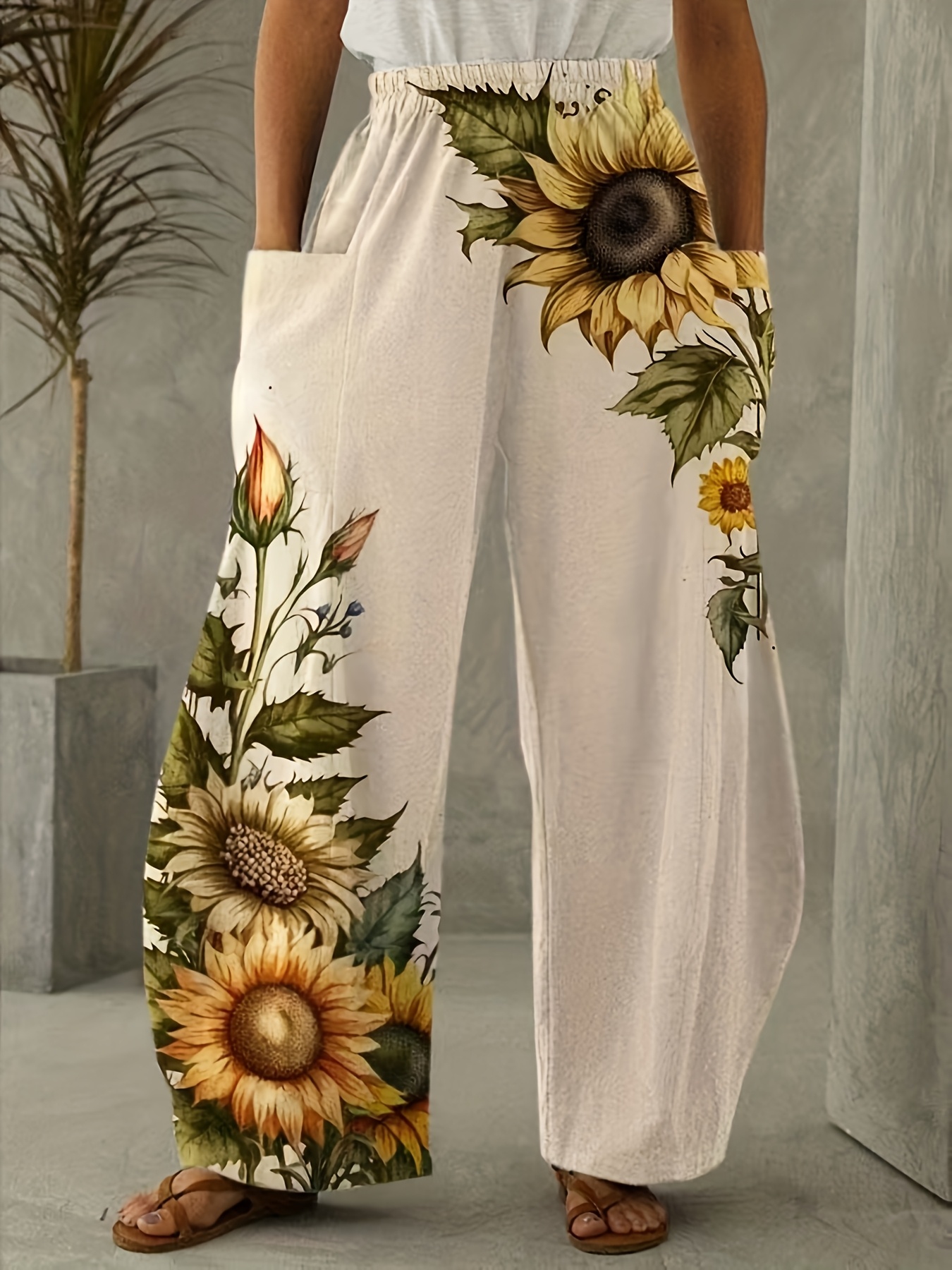 womens cute floral print wide leg pants sunflower design - Temu
