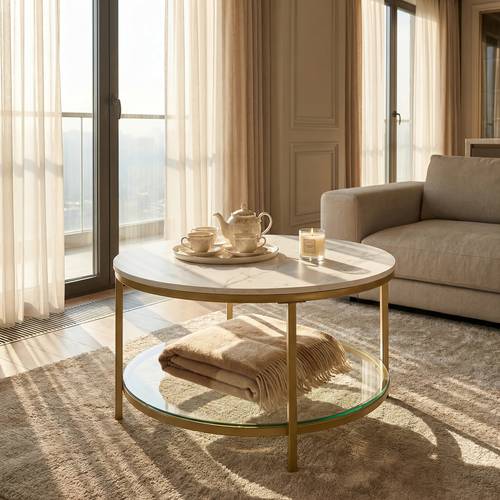 31inch marble round coffee table with glass for living room 2 tier circle coffee table with storage clear coffee table golden and