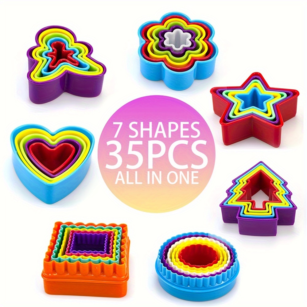 

35-piece Set Plastic - 7 Shapes For Baking, Diy Dough Stamps For Cookies, Cake, Pastry - Includes Square, Round, Heart, Star, Tree, Flower, Cartoon Shapes - Uncharged, Baking Tools For Home Use