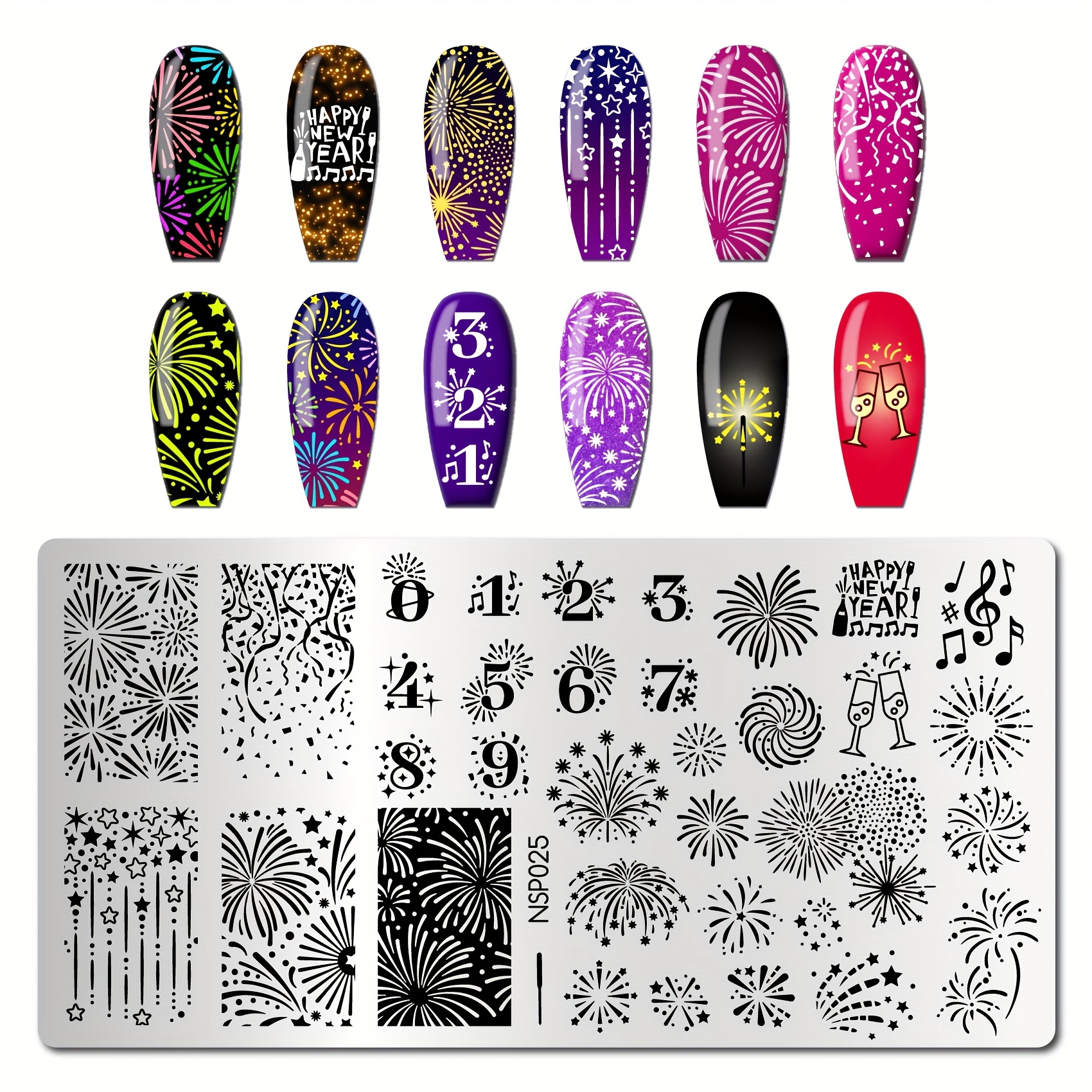 Image of Christmas Holiday Fireworks Plates Stamping Set New Year 0-9 Numbers Stamp Templates Nail Art Plates For Diy Print Manicure Salon Design Gift Supplies