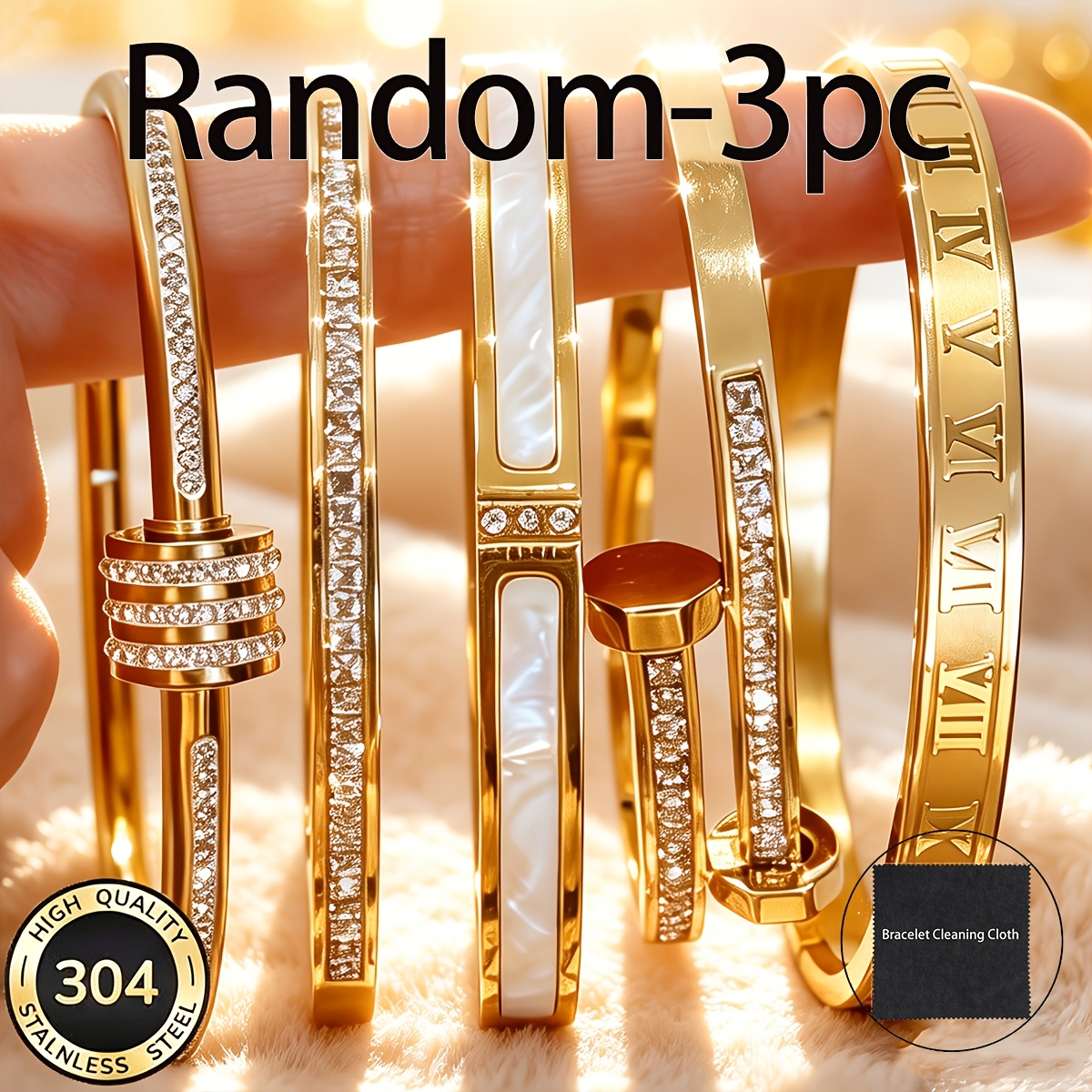TEMU 3pcs Random Exquisite And Gorgeous Stainless Steel Bracelets, +1 Cleaning Cloth, A Versatile Accessory For Men And Women, Suitable For Daily