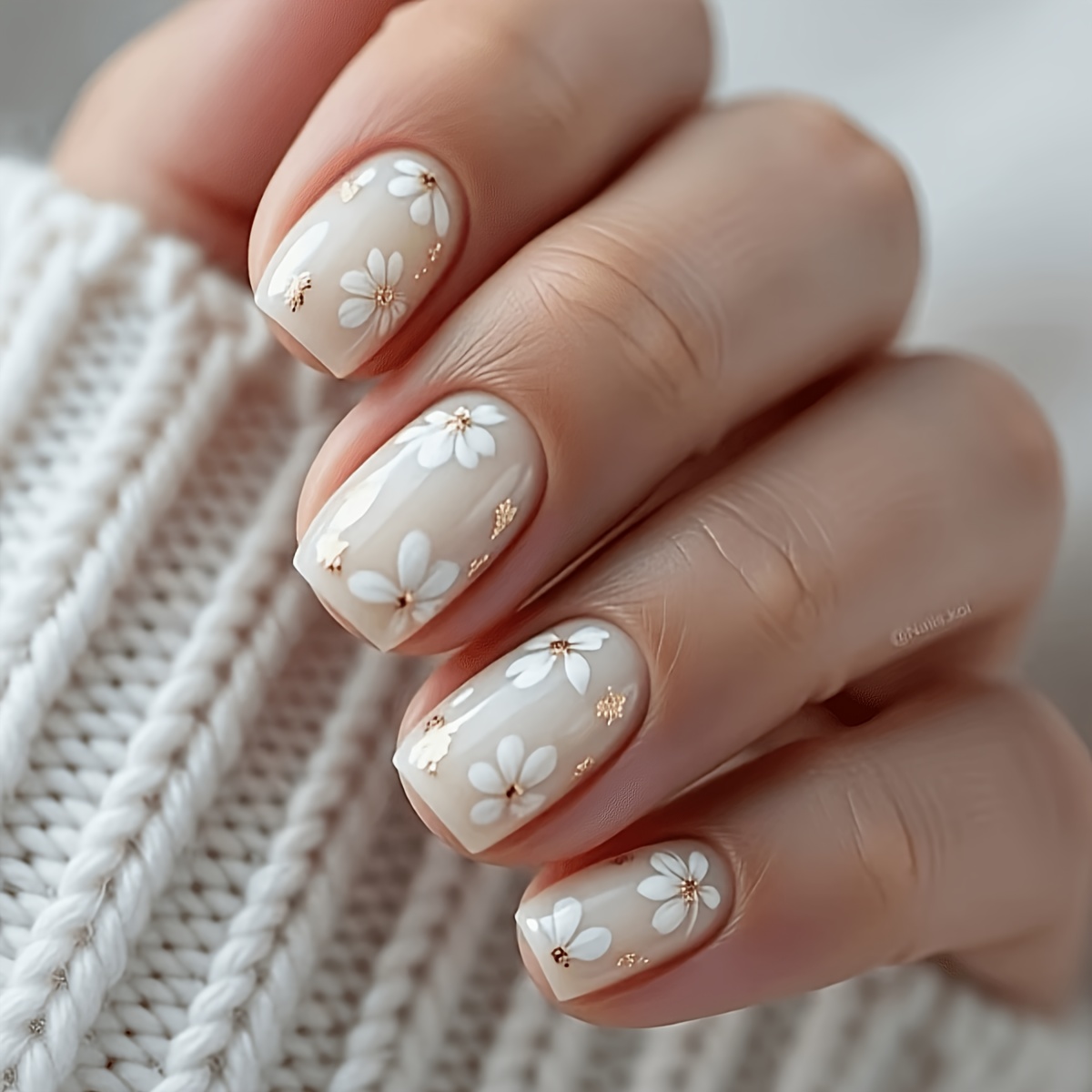 TEMU 24pcs New Short Square Glossy--on Nails, Upgrade Your Look. Floral Style Patterns With Elegant Golden Accents, Full Coverage Removable, Suitable