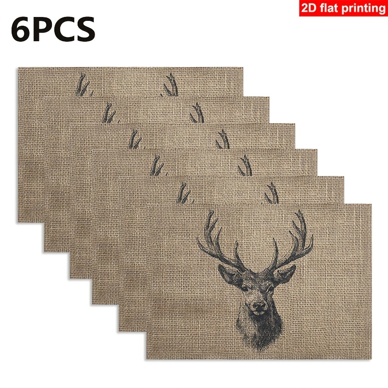 TEMU 4/6/9pcs Set, Vintage Hand-painted Deer Head 1 Placemat 12x18 Inches, Washable, Suitable For Dining And Holiday Parties, An For Kitchen And
