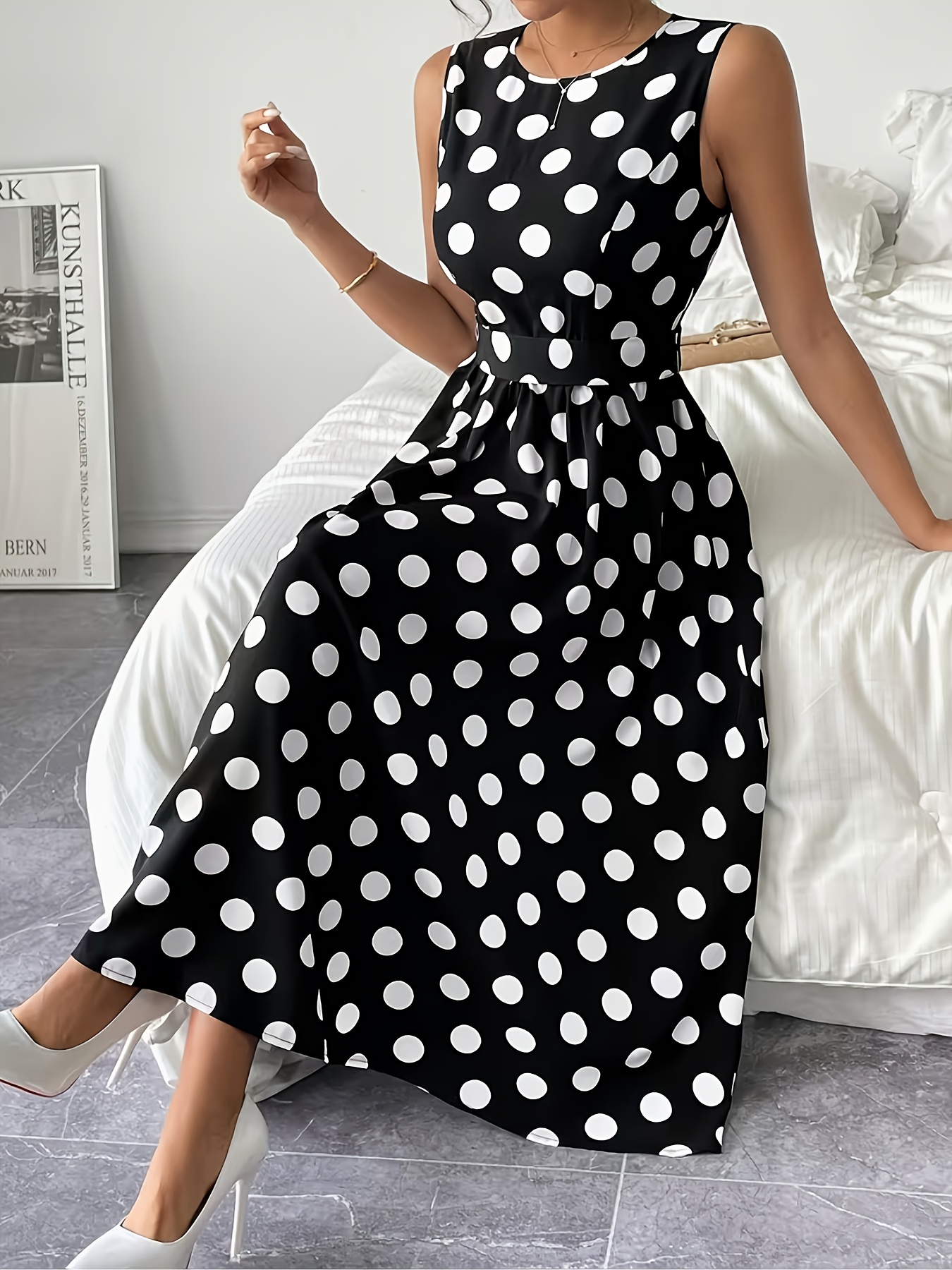 sachin and babi light blue dress elegant fashionable polka dot print dress vintage sleeveless