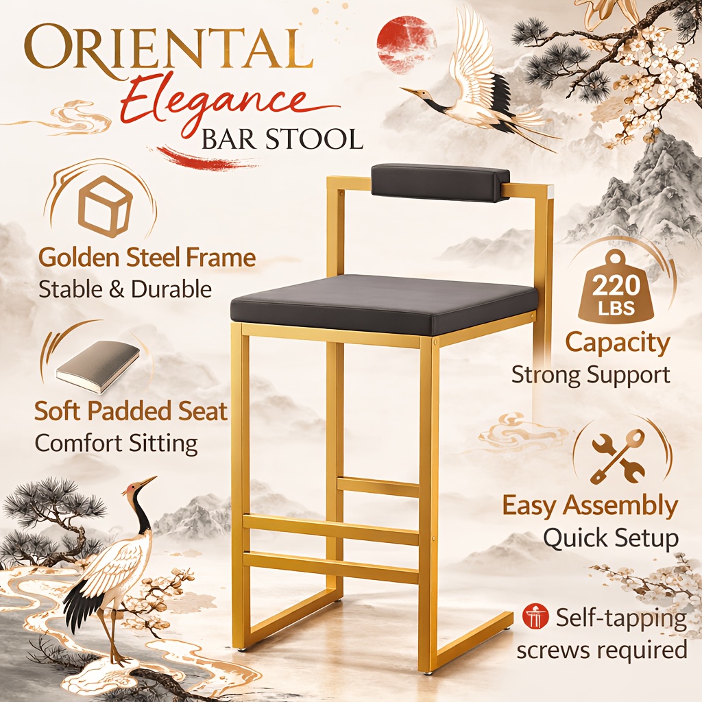 Set Of 2 Modern Oriental Style Bar Stools, Velvet Upholstered Counter Height Chairs with Backrest & Footrest, Golden Metal Frame Kitchen Island Dining Stools, Multi-Color & Multi-Finish New Asian Aesthetic