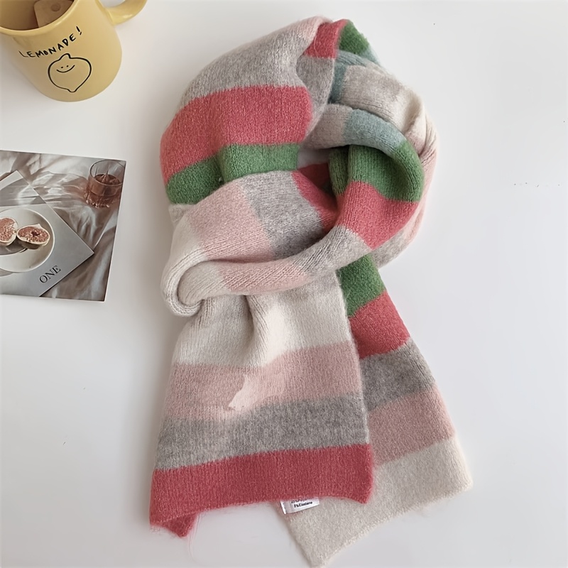 Image of 1pc, Fashion Rainbow Stripes Scarf Men And Women Winter Colour Blocking Warm Scarf Woman Outdoor Cold Resistant Short Scarf