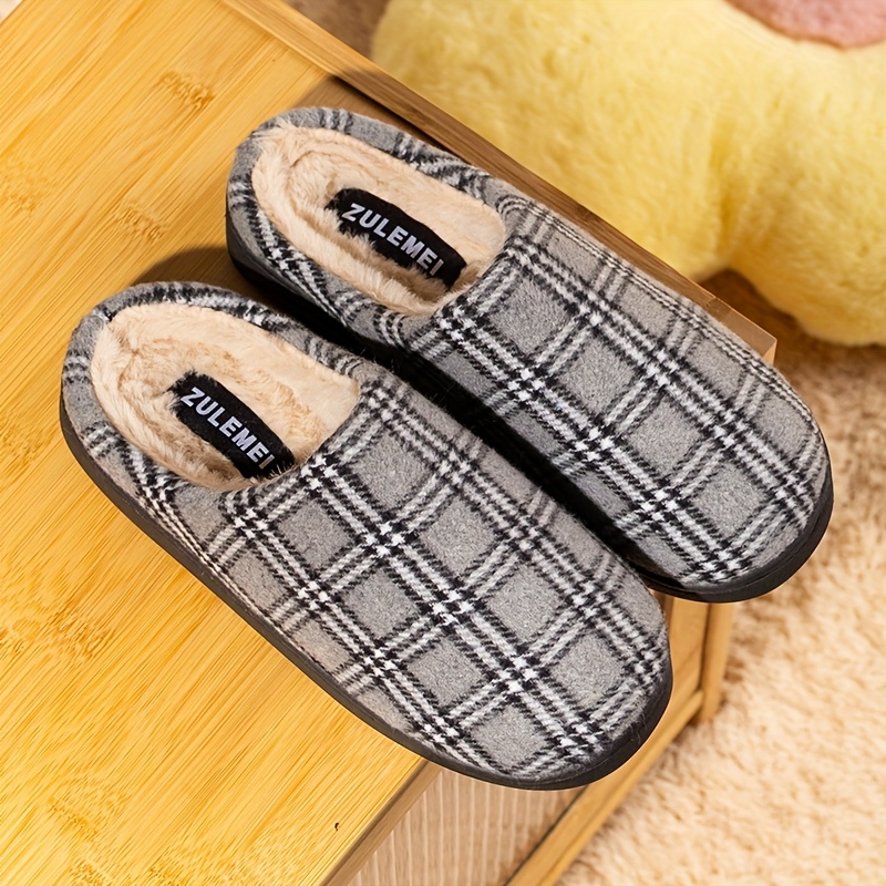 men s cozy   slip-on slippers - thick, non-slip, soft sole winter slippers with fleece lining,   checkered design for indoor  , cozy indoor slippers | classic slipon |   Product details 1