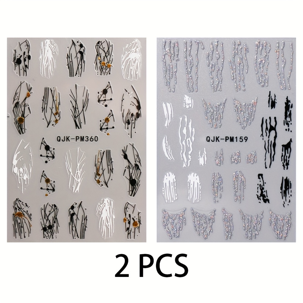2pcs Of Geometric Curve Line Shape Black Golden Glitter Silvery Nail Stickers Golden Silvery
