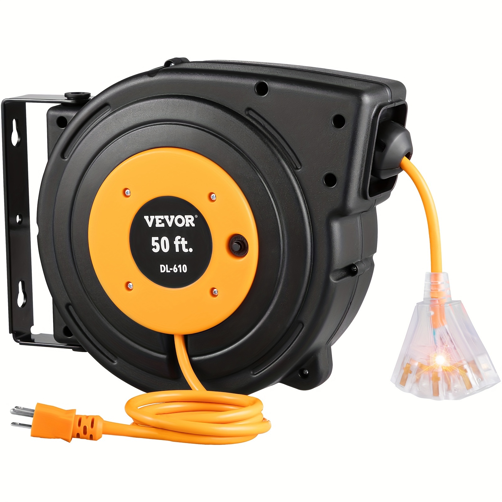 

Vevor Retractable Extension Cord Reel, 50 Ft, Heavy Duty 14awg/3c Sjtow Power Cord, With Lighted Outlet, Circuit Breaker, 180° Swivel Bracket For Ceiling Or Wall Mount