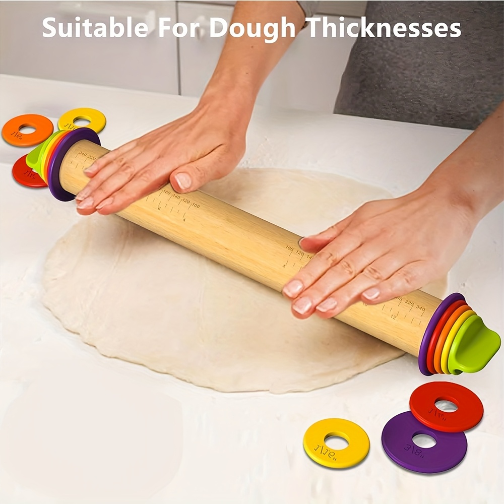 E-shop 1 hochwertiger, verstellbarer Holz-Nudelholz mit Dicke-Ring-Set – 17 Zoll Nudelholz für Kuchen, Pizza-Böden und Plätzchen. Inklusive 4 farbige