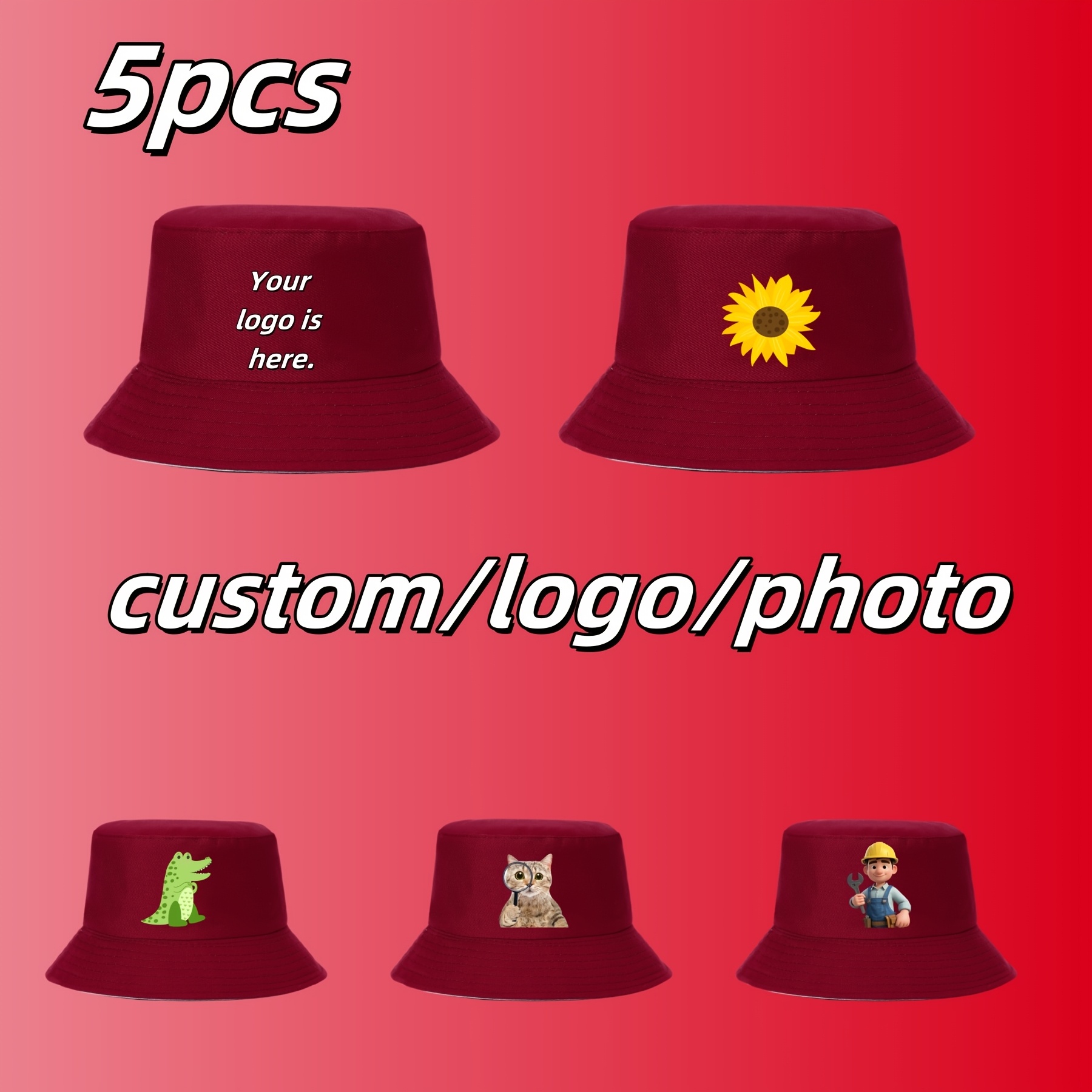 5pcs Custom Logo Double-Sided Bucket Hats