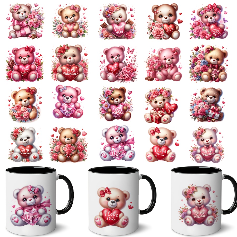 

20-pack Valentine's Day Teddy Bear Transfer Decals - Waterproof Pvc Self-adhesive Embellishments For Cups, Bottles, Laptops - , Cartoon-themed, Rectangular - Personalized Diy Craft Supplies