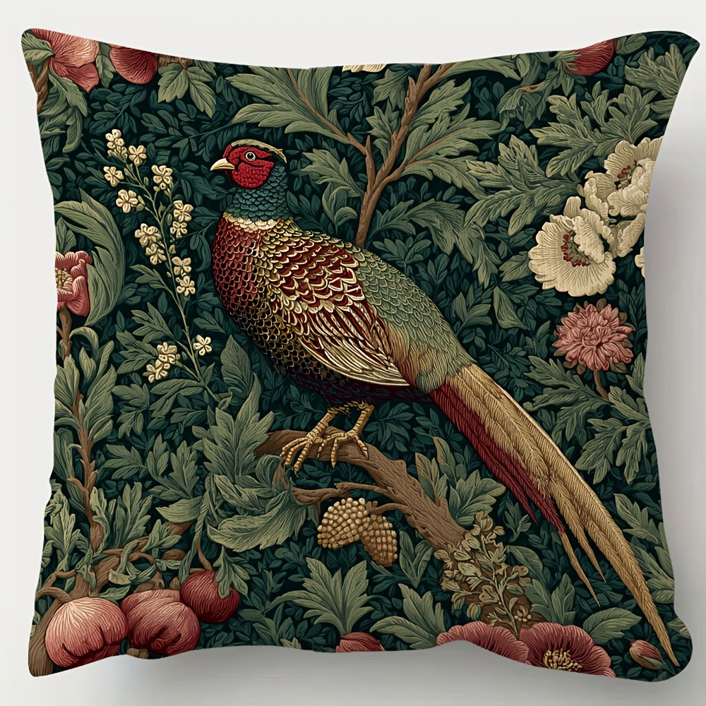 TEMU 1pc, Short Plush Decorative Pillow Cover, William Pheasant Floral Forest Cushion Case, Suitable For Sofa, Living Room, Bedroom, Office Home