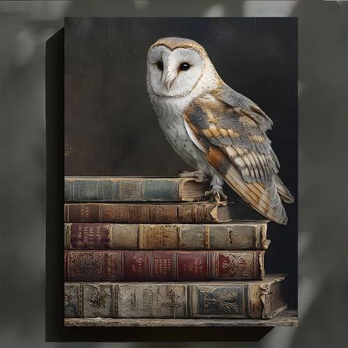 da parete 2d piatta, minimalista gufo delle e libri vintage - telaio avvolto orizzontale su tela adatta per ufficio, sog , casa - da interno/da appendere con telaio con gancio, per regali per a scuola, della memoria, del