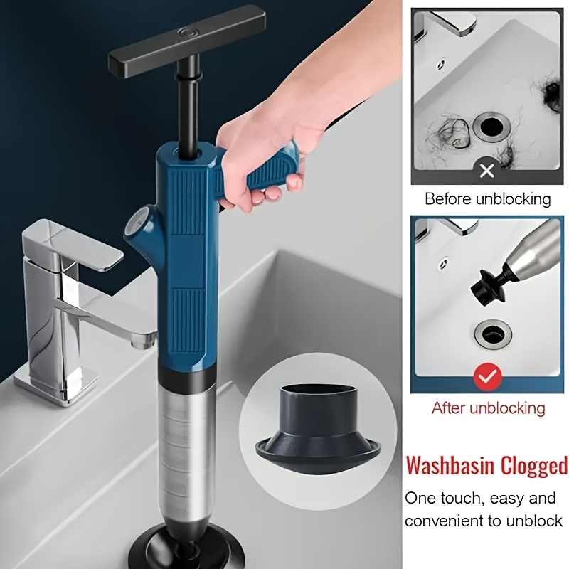 1pc   high pressure air drain blaster stainless steel toilet plunger ideal for clogged pipes kitchen sinks bathrooms hawaiian style beach   bathroom plunger stainless steel plunger durable plastic handle drain cleaning too 6