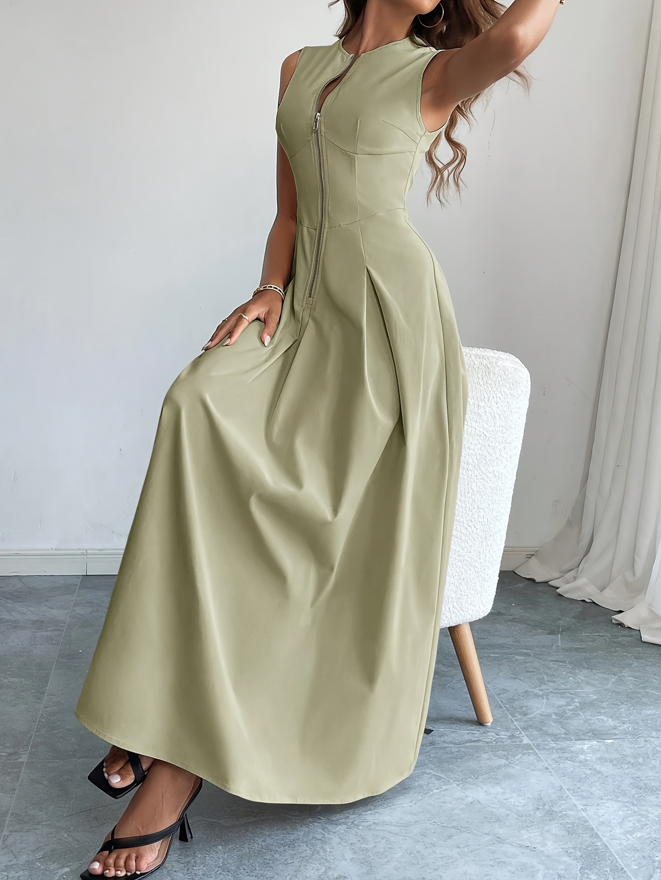 womens apricot elegant round neck sleeveless front zipper - Temu Mauritius