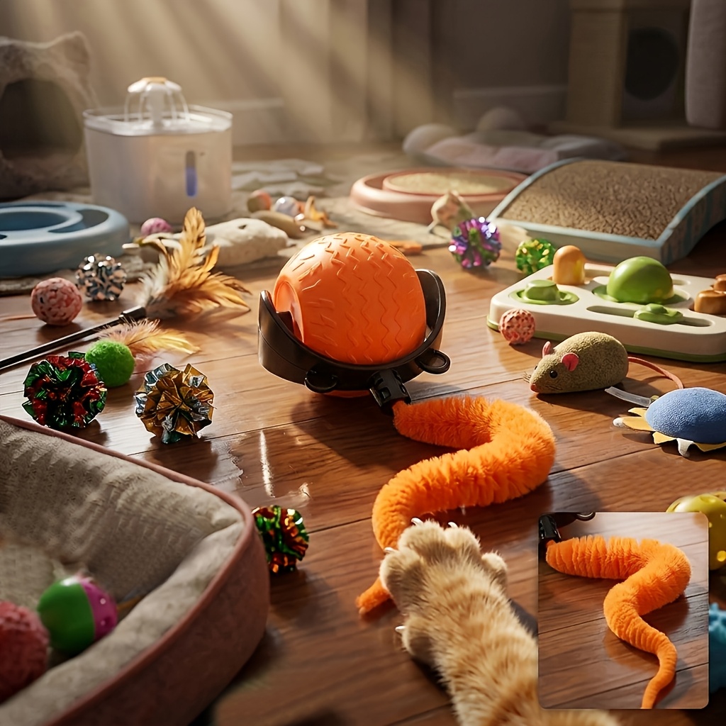 TEMU Smart Automatic Cat Teaser Ball With Plush Tail, Electric Cat Boredom Relief Toy, Universal Smart Cat Floors, Wear-resistant Scratch-proof Pet